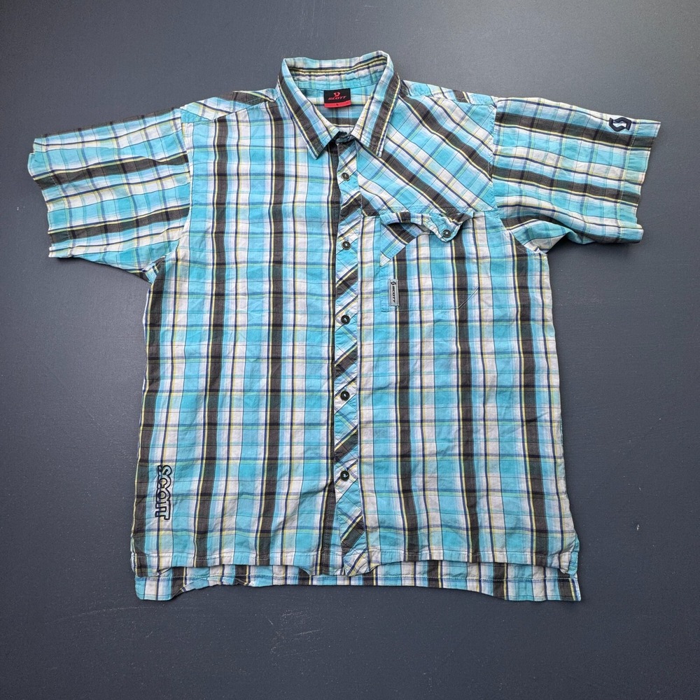 Scott Plaid Button Down Shirt Men's Large Blue Green Short Sleeve Casual Preppy